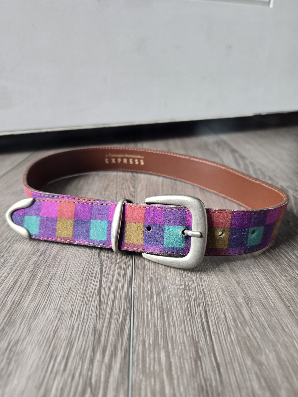 Express Suede Leather Belt Colorblock Purple Teal Western Buckle Small